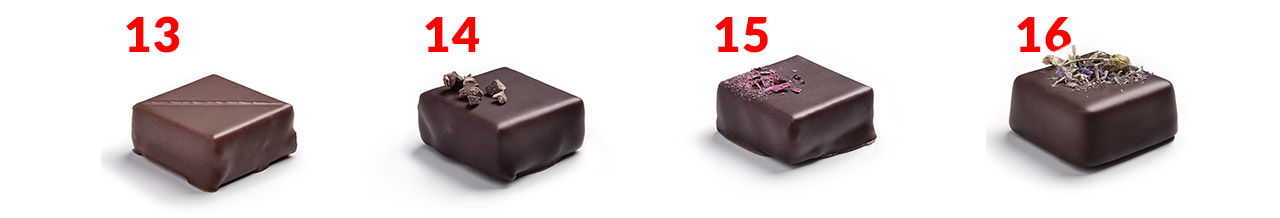 The 16 flavors of chocolate candies available in a Prestige box of 34 candies